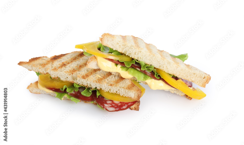 Tasty sandwiches with salami isolated on white Tasty sandwiches with salami isolated on white
