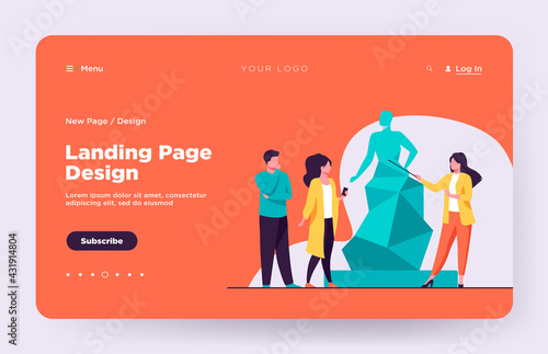Guide telling about sculpture to tourists. Museum, travel, leisure flat vector illustration. Art and entertainment concept for banner, website design or landing web page