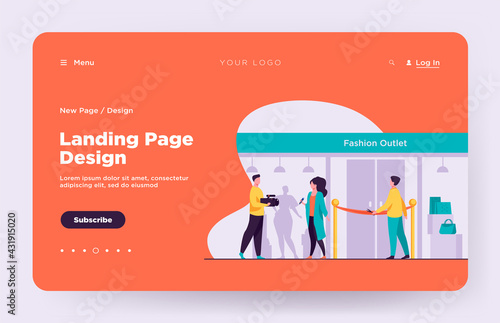 Outlet opening ceremony. Man cutting red ribbon, journalist, cameraman flat vector illustration. Fashion news, reportage, shopping concept for banner, website design or landing web page