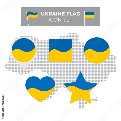 Ukraine flag icons set in the shape of square, heart, circle, stars and pointer, map marker. Mosaic map of ukraine. Waving in the wind. Vector ukrainian flat symbol, icon, button