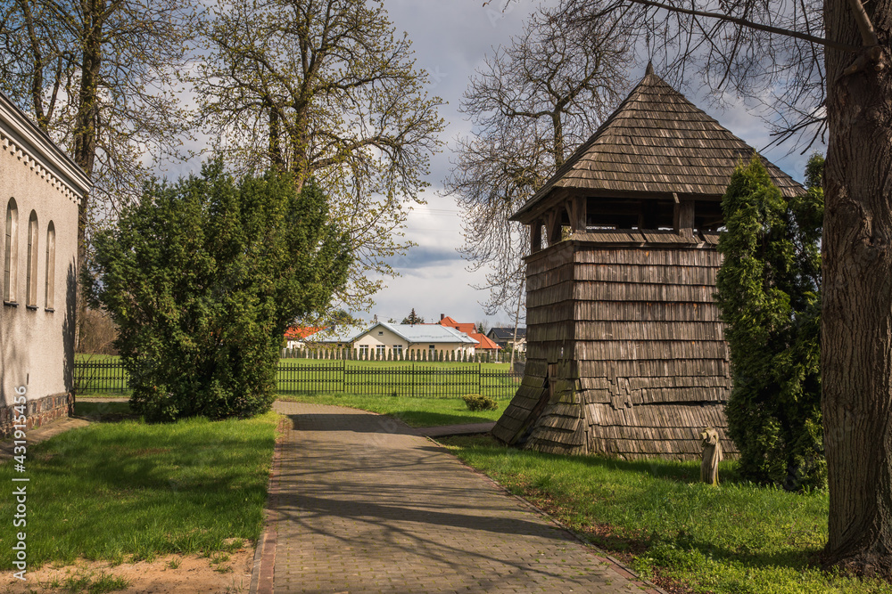 Wooden belfry in Sobikow near Gora Kalwaria, Masovia, Poland