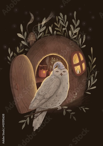 a bright owl in a nightcap with stars sits on a branch in front of his cozy house, where a kettle is boiling and the light is on, outside it is night and the forest, 2d illustration photo