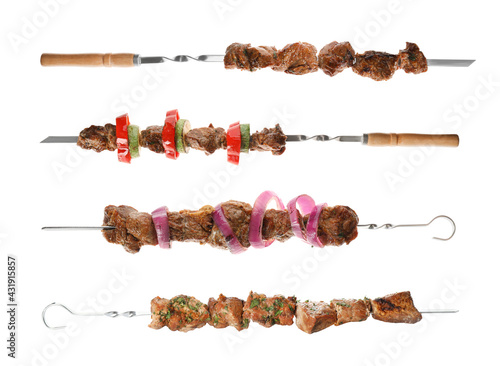 Metal skewers with delicious meat on white background, collage photo