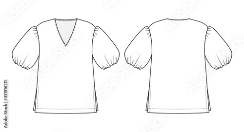 Fashion technical drawing of puffy sleeves blouse. Fashion flat sketch of trendy blouse.