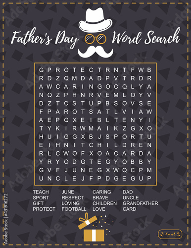 Father's Day word search puzzle. Crossword suitable for social media post.  For learning English words. Vector illustration