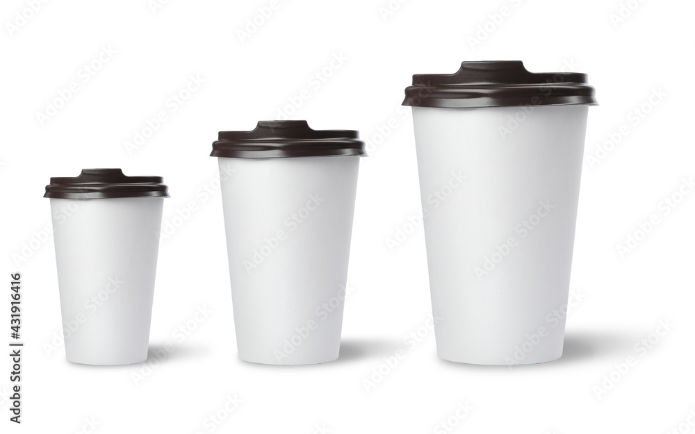 Set with different takeaway coffee cups on white background Set with different takeaway coffee cups on white background