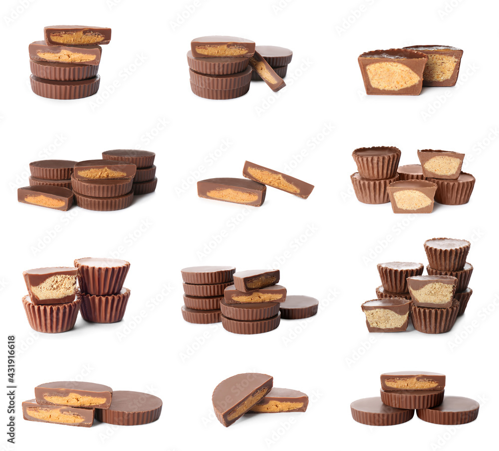Set with delicious peanut butter cups on white background Set with delicious peanut butter cups on white background