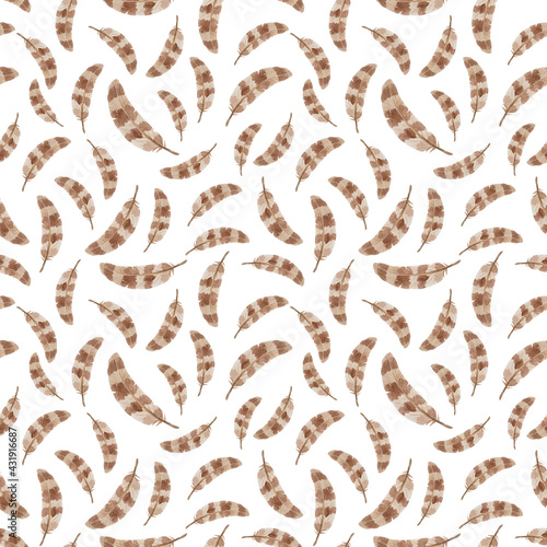 Watercolor hand drawn pattern with brown feathers on a white background. Seamless pattern. 