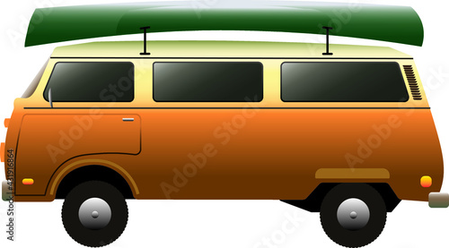 An illustrated, retro orange and beige minivan with a green canoe strapped to its roof, in a stylized graphic design representing travel and adventure