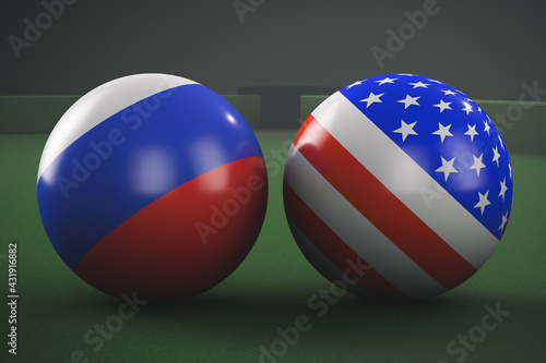 Billiard balls with state symbols of Russia and the USA. Geopolitical games.