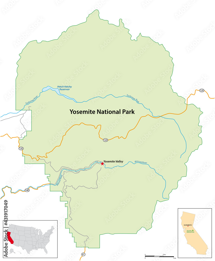 simple overview map of Yosemite National Park, Arizona, USA