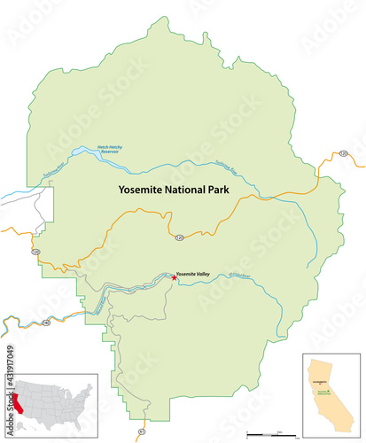 Obraz na płótnie simple overview map of Yosemite National Park, Arizona, USA w salonie