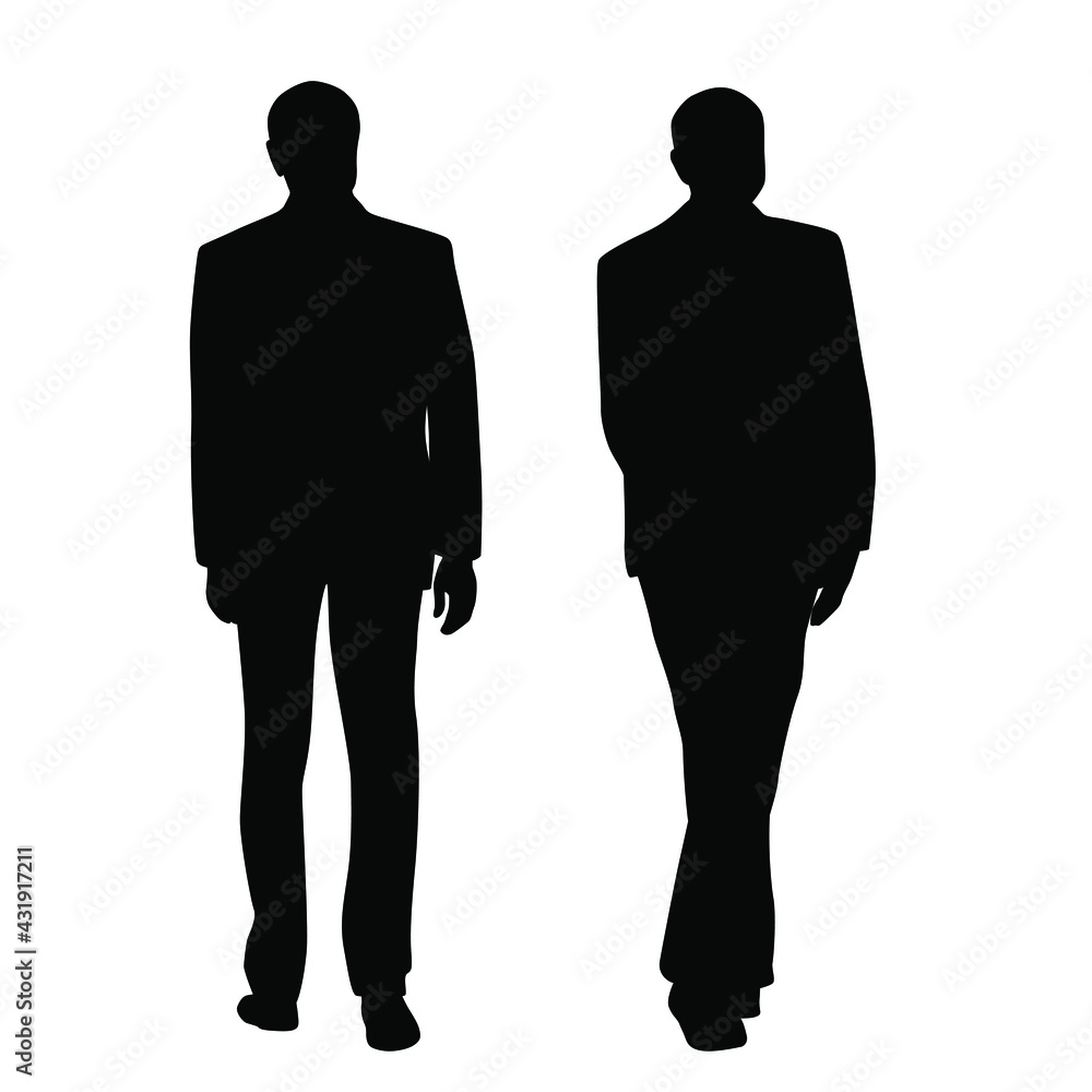Vector silhouettes of two men walking,  black color, isolated on white background