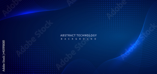 Abstract technology digital lighting futuristic glowing blue light lines wave background.