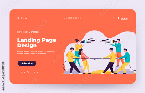 Group leaders shouting at megaphone. Teams playing tug-of-war, pulling rope with golden cup flat vector illustration. Competition, contest concept for banner, website design or landing web page