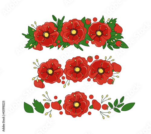 A diadem of poppies and leaves. Floral vector wreath. Decoration. Objects are isolated.