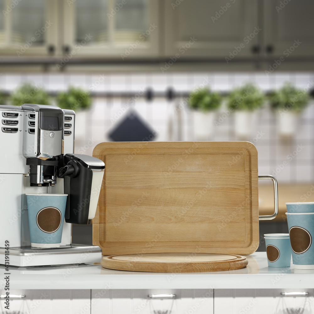 Coffee machine in kitchen and free space for your decoration.  - obrazy, fototapety, plakaty 