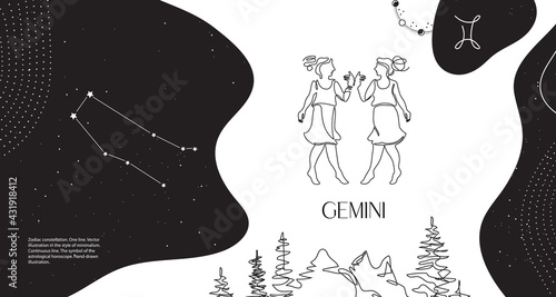 Zodiac background. Gemini constellation. Horizontal banner. One line.