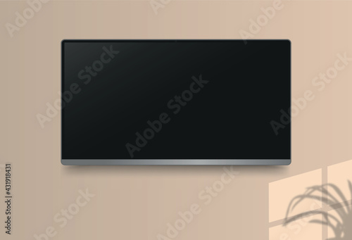 4K TV flat screen lcd or oled, plasma, realistic illustration, White blank monitor mockup. wide flatscreen monitor hanging on the wall