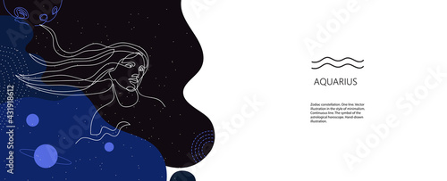 Zodiac background. Aquarius constellation. The element of air. Horizontal banner.