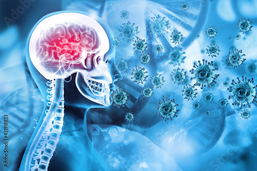 Virus infected brain on scientific background. 3d illustration photo