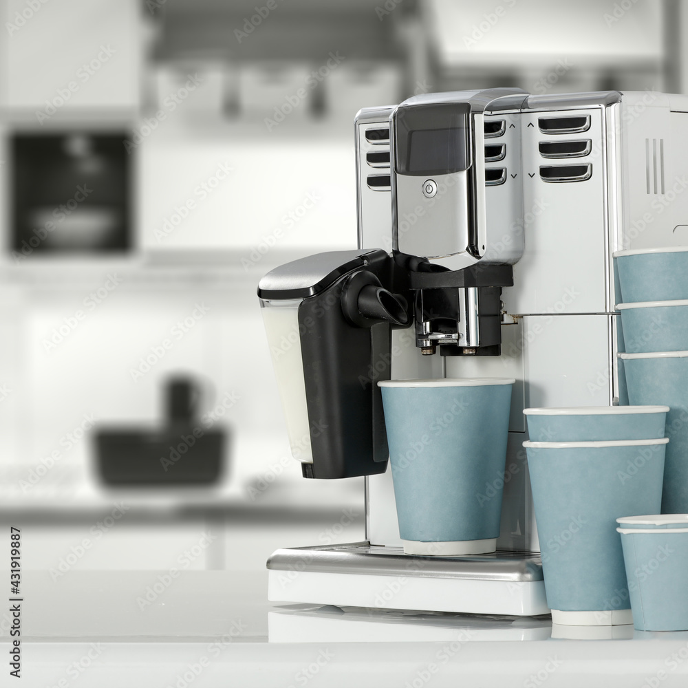 Coffee machine in kitchen and free space for your decoration.  - obrazy, fototapety, plakaty 