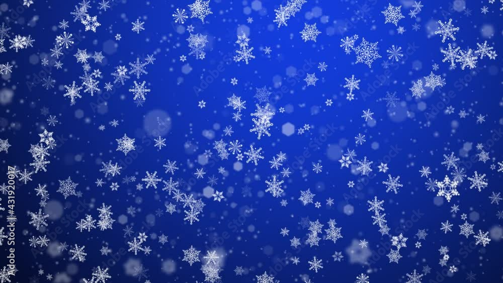 Christmas and New Year background - beautiful different kinds of snowflakes and bokeh particles falling on festive blue background. Seamless loop. Glitter effect. Resolution 4k Christmas and New Year background - beautiful different kinds of snowflakes and bokeh particles falling on festive blue background. Seamless loop. Glitter effect. Resolution 4k