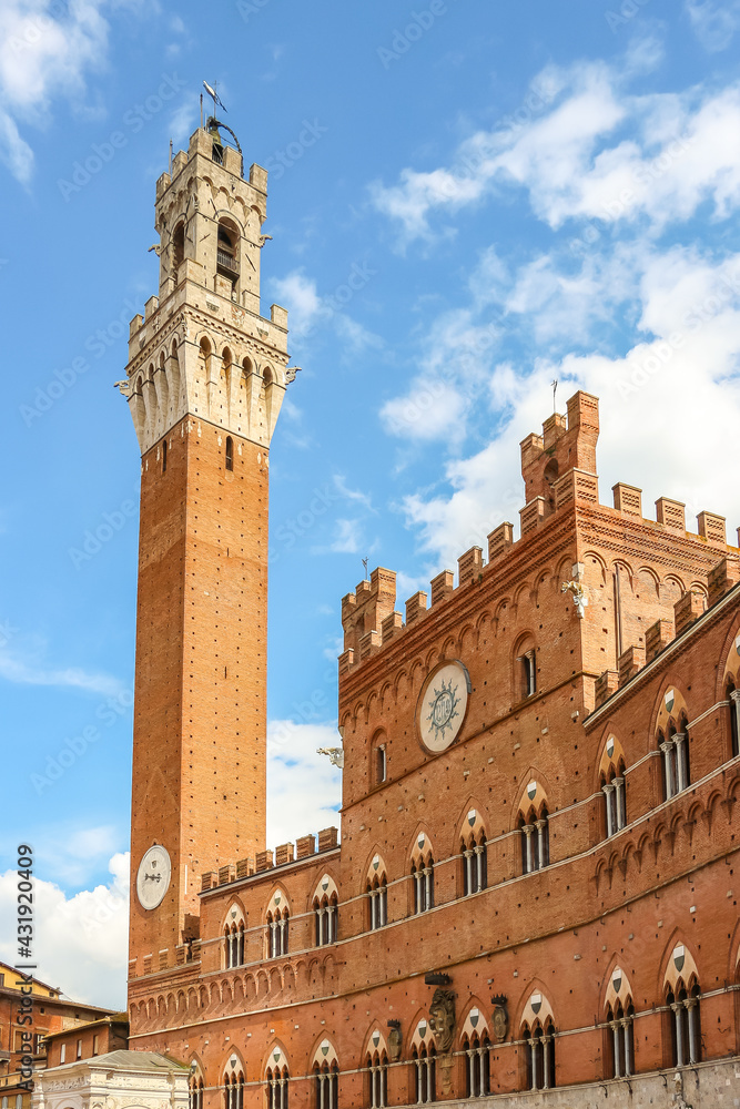 Siena, Italy. View of Torre del Mangia, famous tower at the Siena main square (Piazza del Campo).