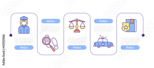 Police presentation design elements. Law, protection, detective vector infographic template. Data visualization with five steps. Process timeline chart.