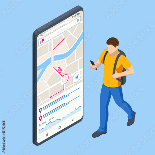 Isometric gps navigation concept. Tourist traveling using his smartphone with previously saved favorite places on map. City map route navigation smartphone, phone point marker.