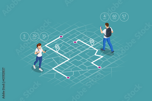 Isometric gps navigation concept. Tourist traveling using his smartphone with previously saved favorite places on map. City map route navigation smartphone, phone point marker.