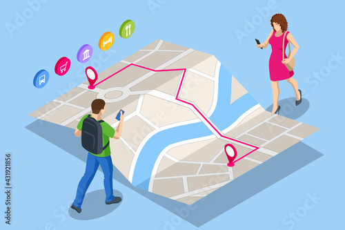Isometric gps navigation concept. Tourist traveling using his smartphone with previously saved favorite places on map. City map route navigation smartphone, phone point marker.