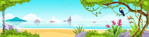 Summer beach jungle island vector landscape, toucan, exotic tree, ocean, sand, rocks, tropical flowers. Paradise nature seashore panoramic view, liana, stones, bushes. Beach landscape vacation banner