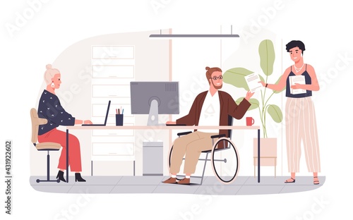 Wheelchair user working in office. Concept of disabled people inclusion into society. Handicapped employee in wheel chair at workplace. Colored flat vector illustration isolated on white background