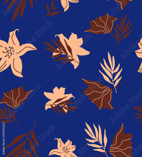Abstract Hand Drawing Tropical Exotic Flowers Hibiscus and Leaves Repeating Vector Pattern Isolated Background