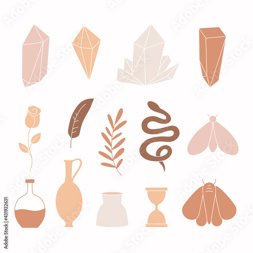 Set of crystal, snake, rose,  leaf, moth, vase, feather, sandglass.