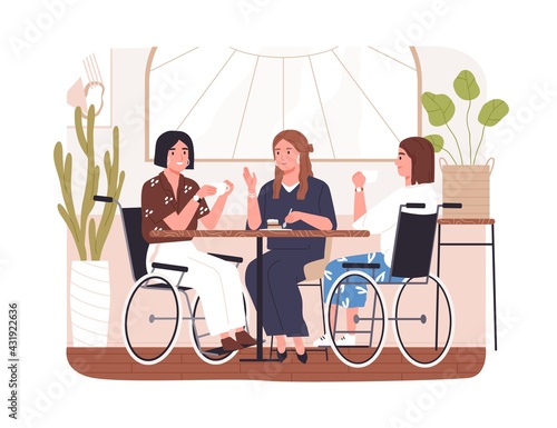 Disabled people in cafe. Concept of wheelchair users inclusion. Diverse friends chatting at table in coffee shop. Young modern women in wheel chair. Flat vector illustration isolated on white