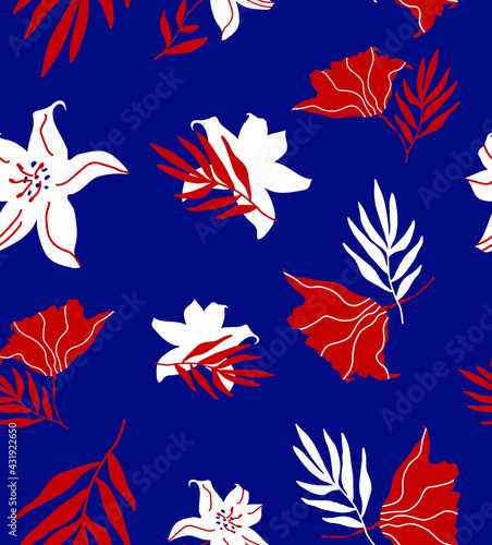 Abstract Hand Drawing Tropical Exotic Flowers Hibiscus and Leaves Repeating Vector Pattern Isolated Background