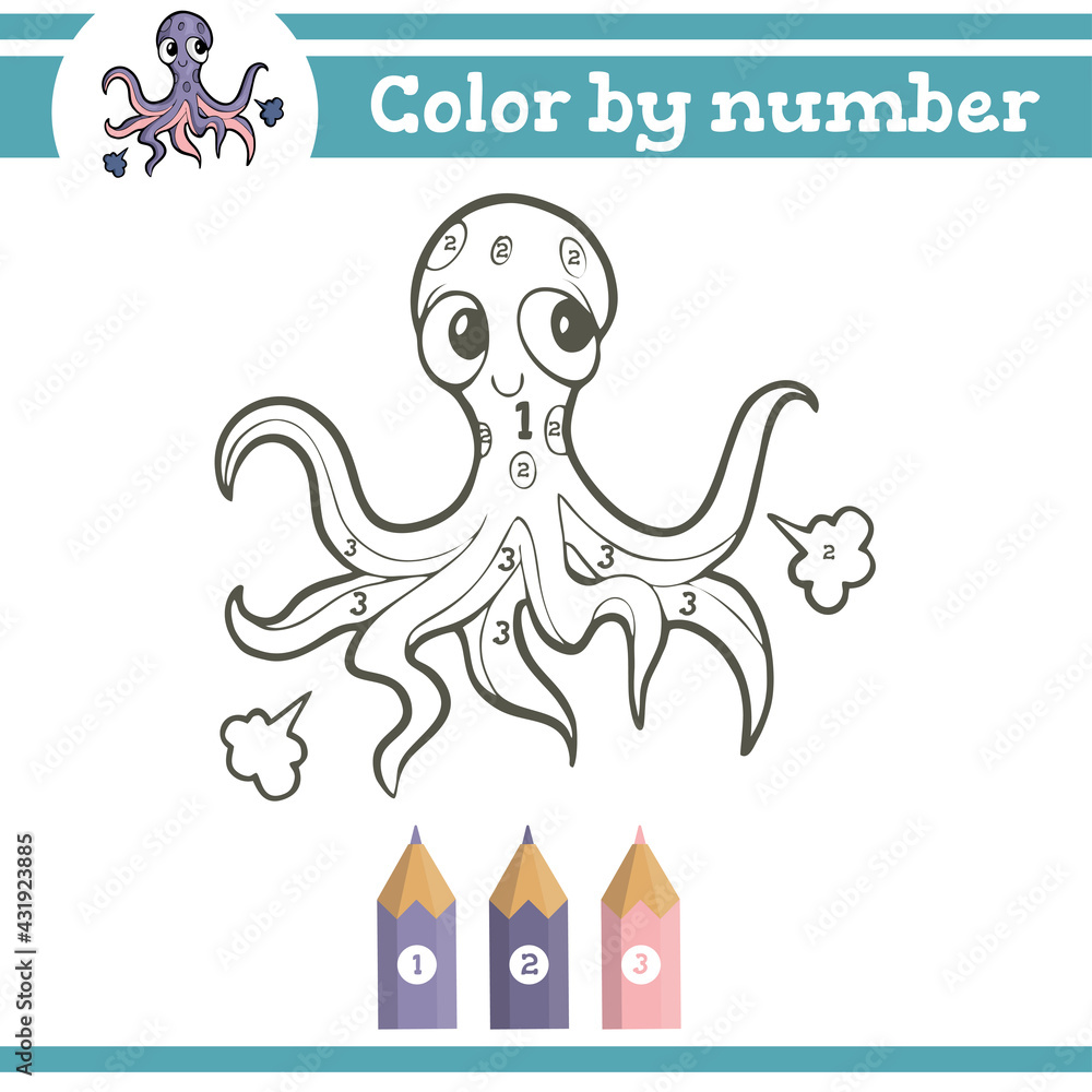 Color by numbers. Coloring page for preschool children. Learn numbers for kindergartens and schools. Educational game. Vector illustration