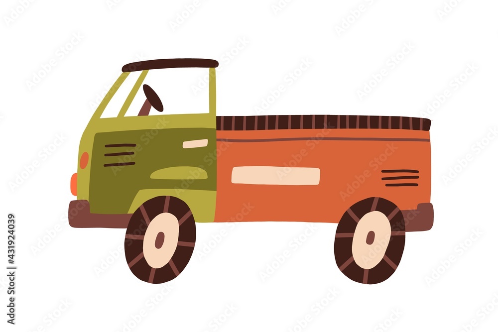 Plastic truck toy with cabin, bed, and wheels. Side view of childish lorry. Industrial car for shipment. Colored flat vector illustration of transport isolated on white background