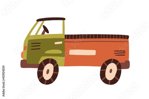 Plastic truck toy with cabin, bed, and wheels. Side view of childish lorry. I...