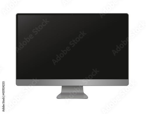 Realistic computer screen, black thin frame monitor mockup in modern style with empty screen in front view isolated on transparent background. Vector quality 3d illustration.