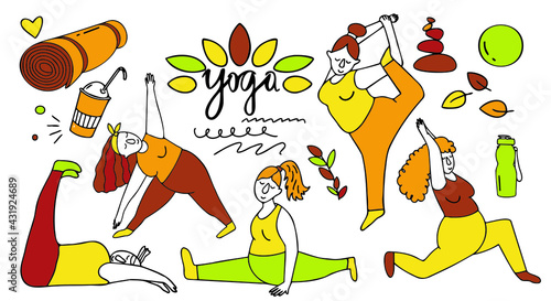 Cartoon doodle of a full woman doing yoga in different poses and a set of additional elements.