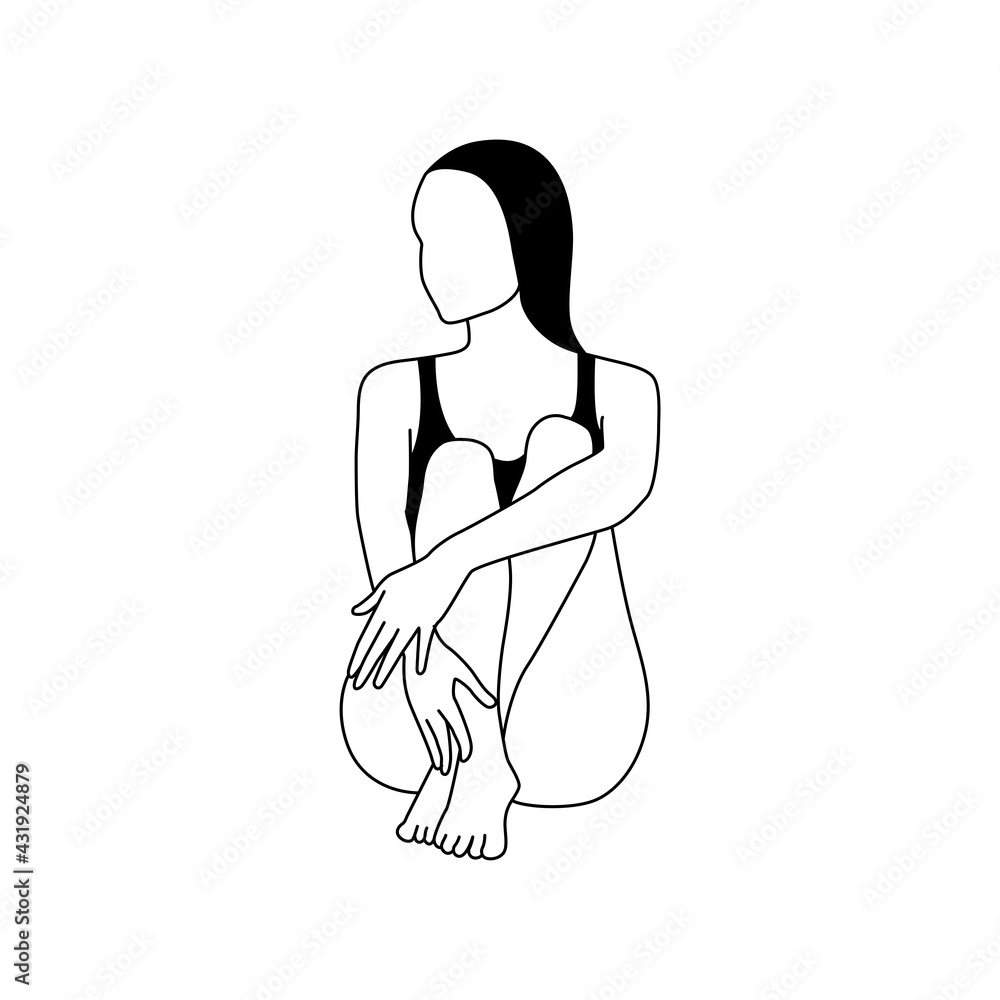 Linear female figure in swimsuit. Young woman sitting and sunbathing. Linear female figure in swimsuit. Young woman sitting and sunbathing.
