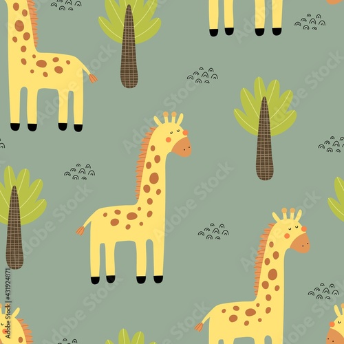Seamless pattern with cartoon giraffe, decor elements. colorful vector for kids. hand drawing, flat style. Baby design for fabric, print, textile, wrapper
