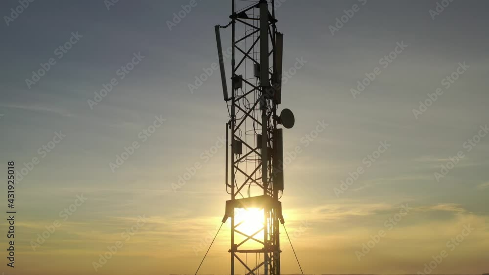 Telecommunication tower of 4G and 5G cellular. Base Station or Base Transceiver Station. Wireless Communication Antenna Transmitter. Telecommunication tower with antennas against sunset. Telecommunication tower of 4G and 5G cellular. Base Station or Base Transceiver Station. Wireless Communication Antenna Transmitter. Telecommunication tower with antennas against sunset.