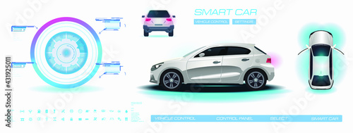 Car interface with device settings. All vehicle parameters on holographic touch screens. Diagnostics and car maintenance. Car interface with HUD, GUI, UI