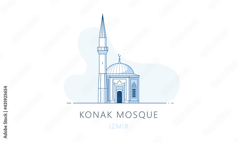 Konak Mosque, Izmir. The famous landmark of Izmir, tourists attraction place, skyline vector illustration, line graphics for web pages, mobile apps and polygraphy.