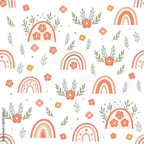 Children Seamless pattern design with with rainbows and florals. Vector illustration.
