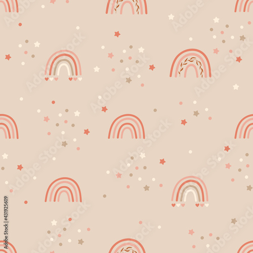 Children Seamless pattern design with with rainbows and confetti. Vector illustration.